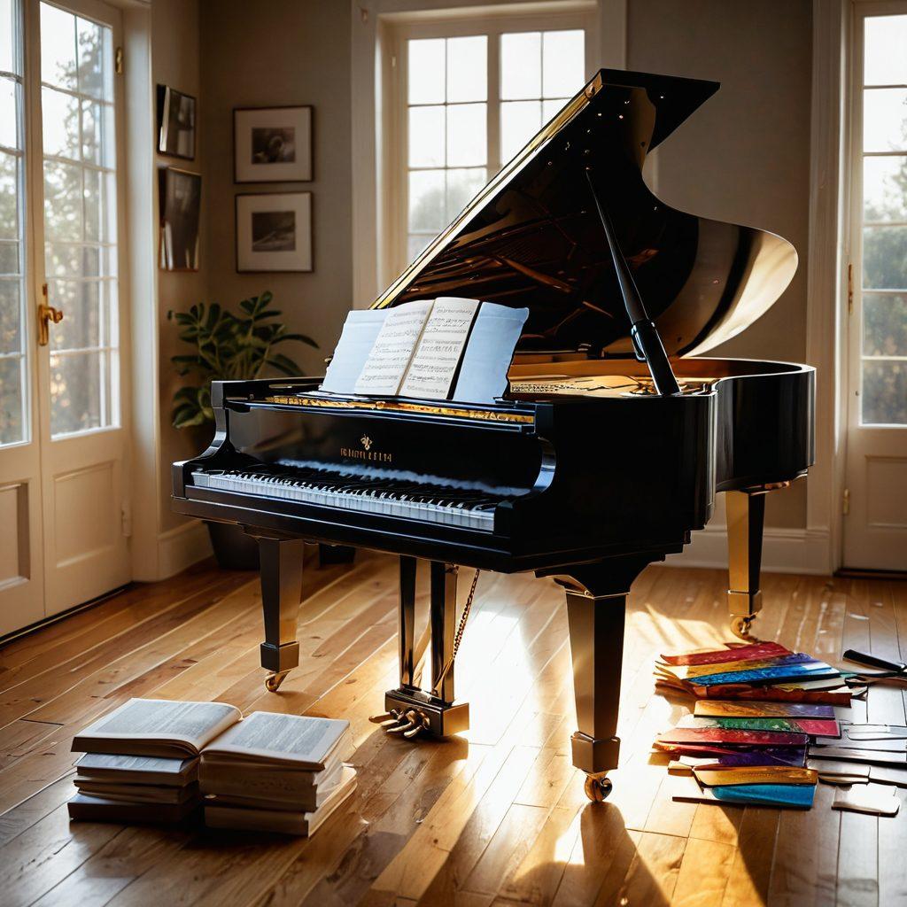 An inspiring musician immersed in playing a grand piano, surrounded by vibrant sheet music scattered on a polished wooden floor, with beams of sunlight streaming through a window, illuminating the notes and highlighting a collection of essential music resources like books and digital tools. The atmosphere is energetic and uplifting, suggesting a journey to musical excellence. hyper-realistic. warm colors. natural light.