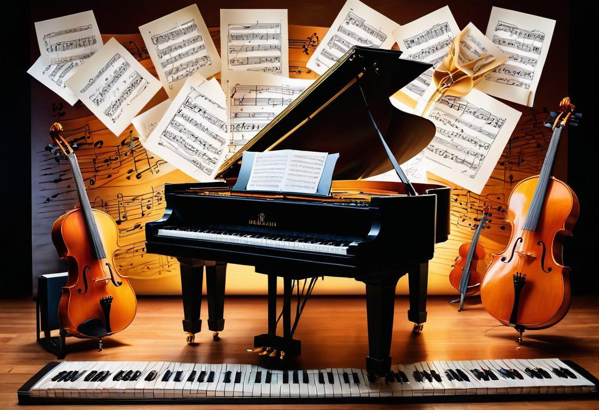 A vibrant collage of musical notes flowing from a grand piano, intermingling with various music sheets and practice materials scattered around. Include instruments like a guitar, violin, and drums in the background, symbolizing diverse music fundamentals. Add a warm, inviting atmosphere with soft light illuminating the scene. super-realistic. vibrant colors.